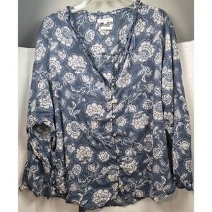 Southern Cotton Blue‎ Floral Button Up Blouse Peasant Boho Top Ruffle Feminine